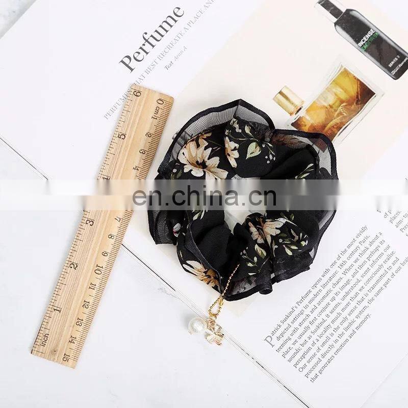 Ladies Winter Ruched Hair Rope Plain Color Imitation Pearl Pendant Charms Ponytail Holder Geometric Large Intestine Scrunchies