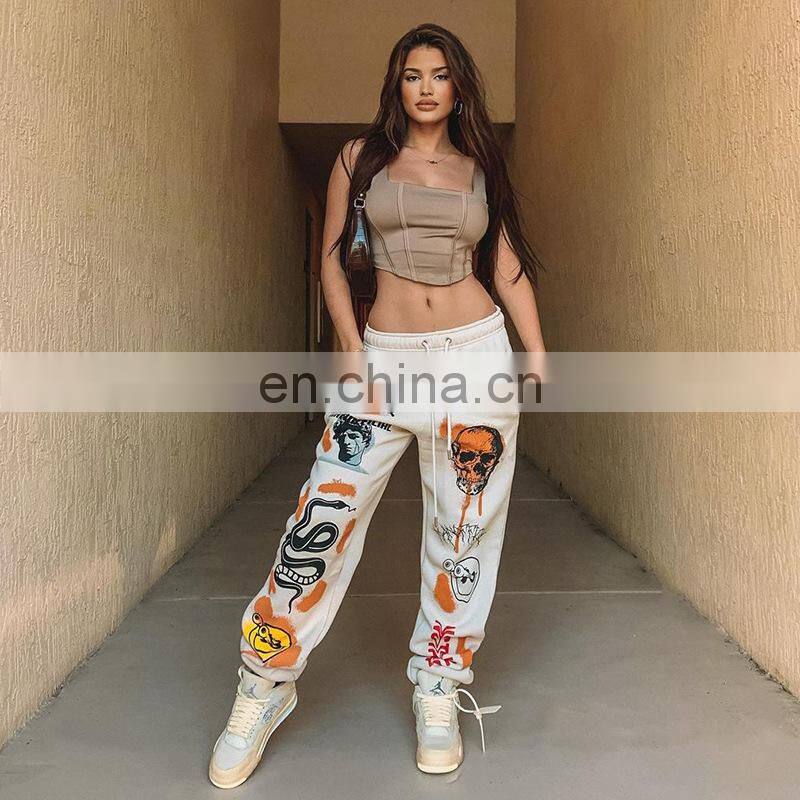 2021 autumn and winter new fashion street trend multi-pattern printing strap thick warm casual pants