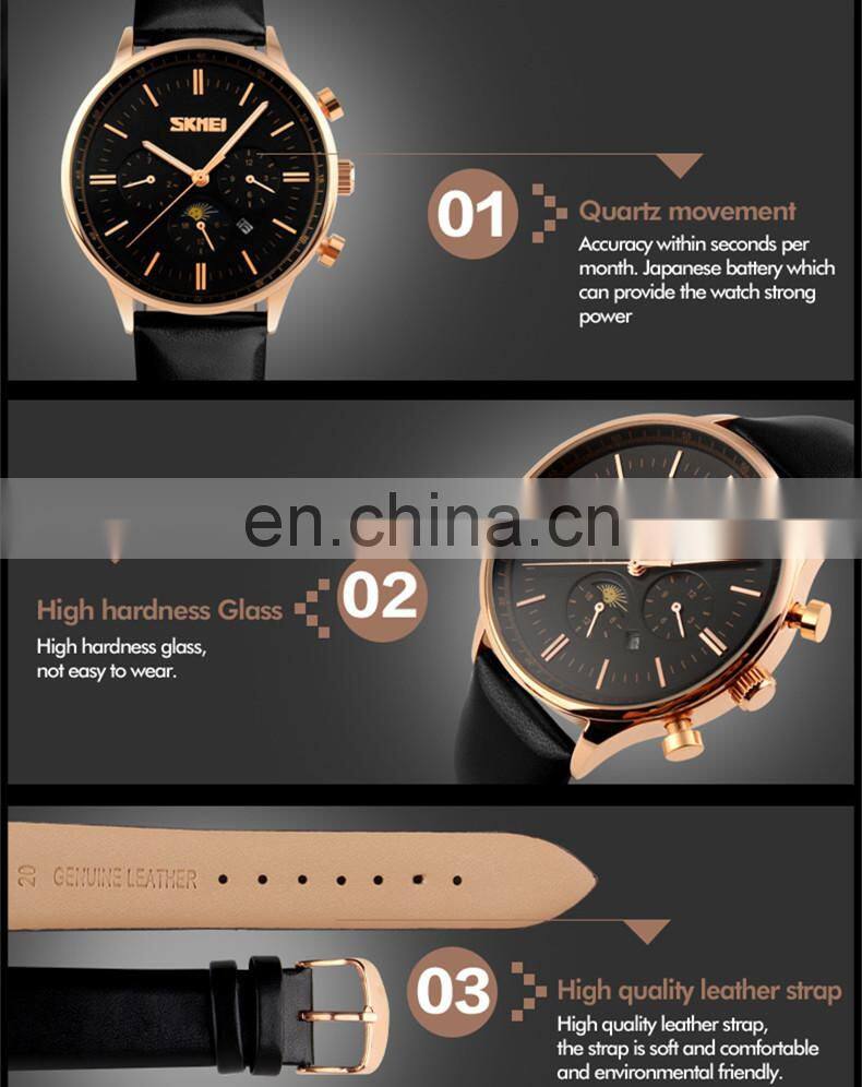 SKMEI 9117 Japan movt quartz watch stainless steel back wristwatch with leather strap