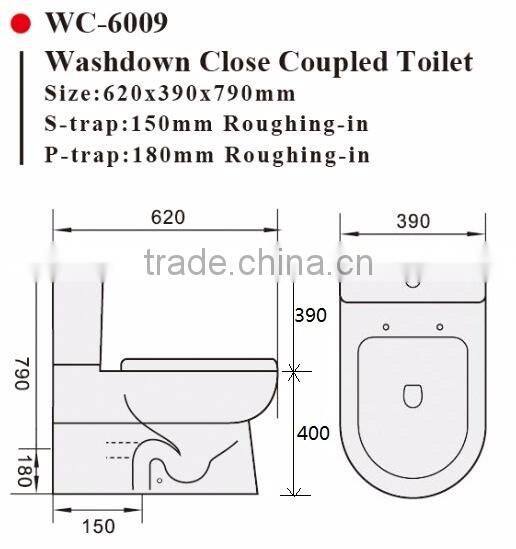 Two-Piece Washdown Watermark Toilet S/P Trap with GEBERIT or R&T Fitting Soft Cover, Australian Standard WELS WC-6002