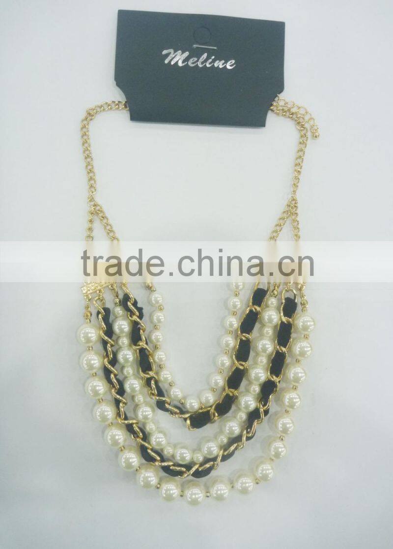FASHION CORD WRAPPED MULTI ROW PEARL NECKLACE