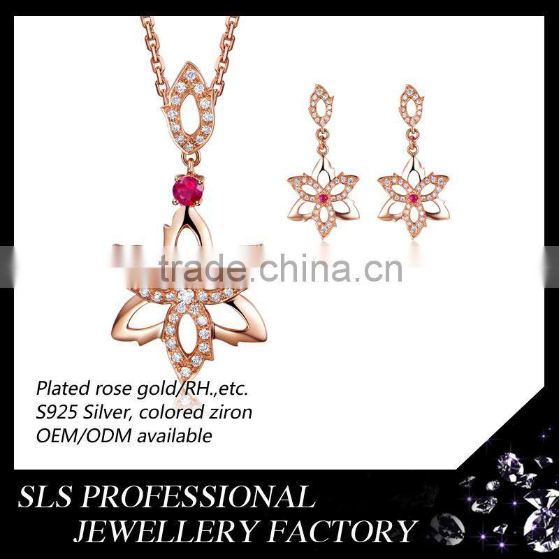 2015 Fashiondubai latest design 925 stering silver rose gold plated beautiful flower jewelry set
