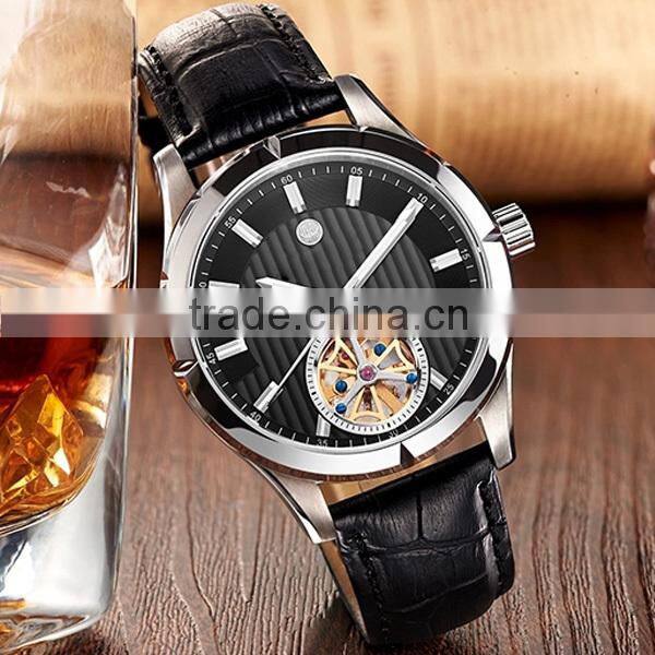 High quality skeleton autometic genuine leather band factory Men Watch