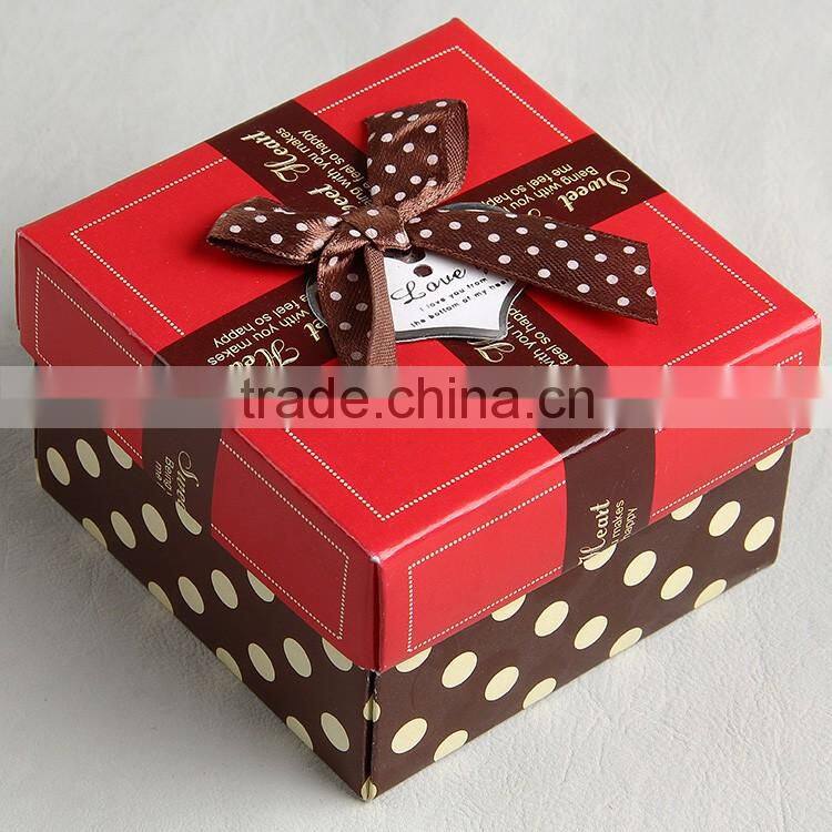 Environmental packing box with coffee color round point printing and silk band flower tie for presents to lovers, friends