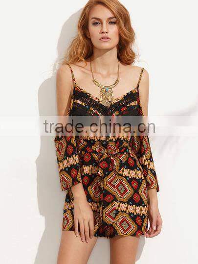 Bodysuits latest fashion design women clothing Multicolor Print Cold Shoulder Tie Waist Jumpsuit