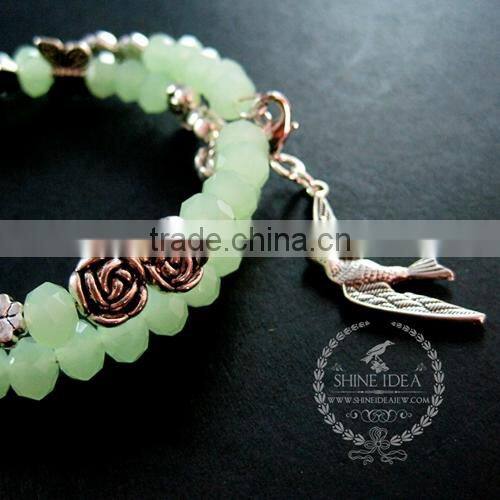 vintage antiqued silver rose leaf bird ice green glass beads 2 layers women fashion wiring bangle bracelet jewelry 6490048