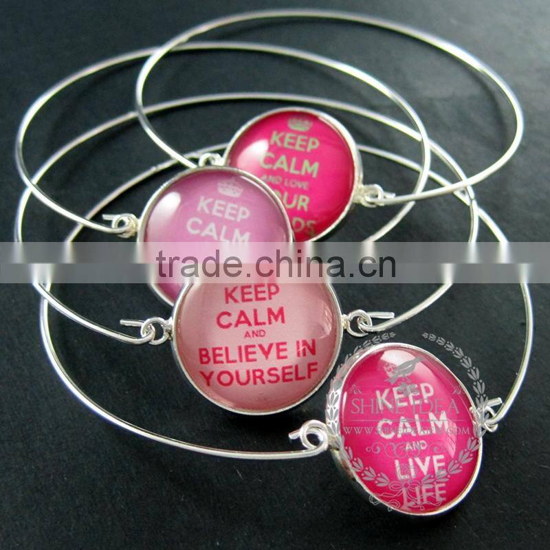 65mm diameter one end open keep calm series 1 candy color collage art cabochon silver wiring fashion bangle bracelet 6420002