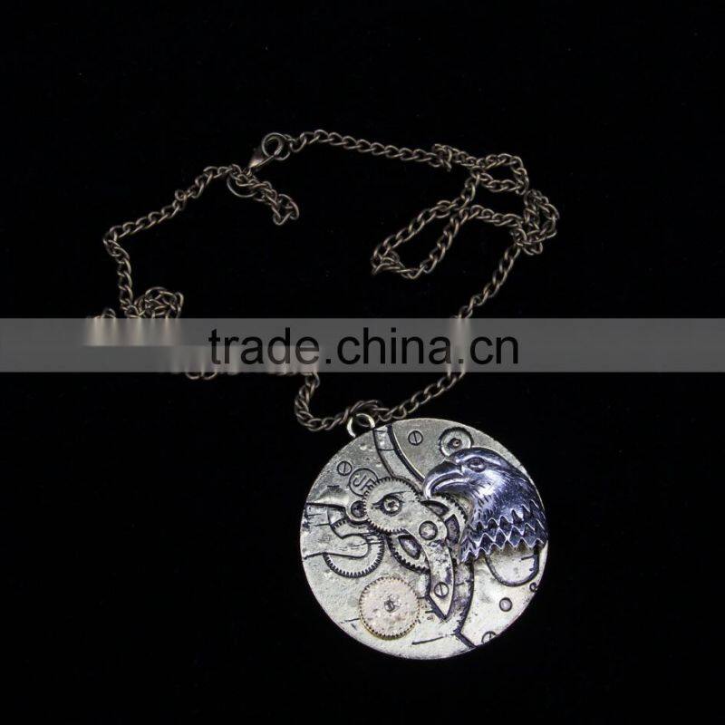 New arrival steampunk round cameo shape eagle head gear steam pendant statement necklace 2015 yiwu fashion jewelry hot sale