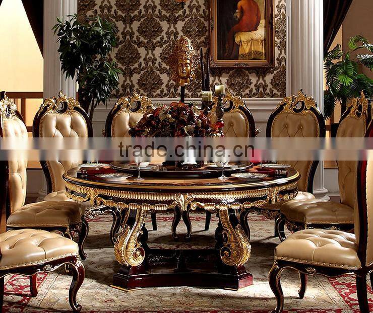 Neoclassical luxury solid wood hand carved dining room furniture gold color lazy susan round dining table