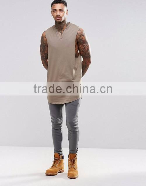 Men 100% cotton blank super long line notch neck sleeveless tee shirt factory suppliers in China