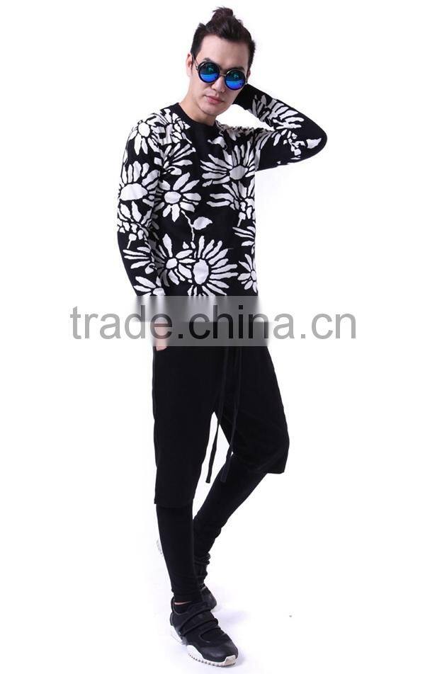 Jacquard allover flower patterns crew neck men pullover sweater