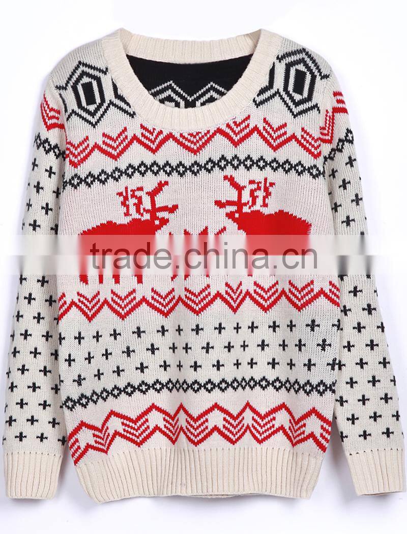 long sleeve jacquard deer pattern pullover women xmas christmas sweater wholesaler