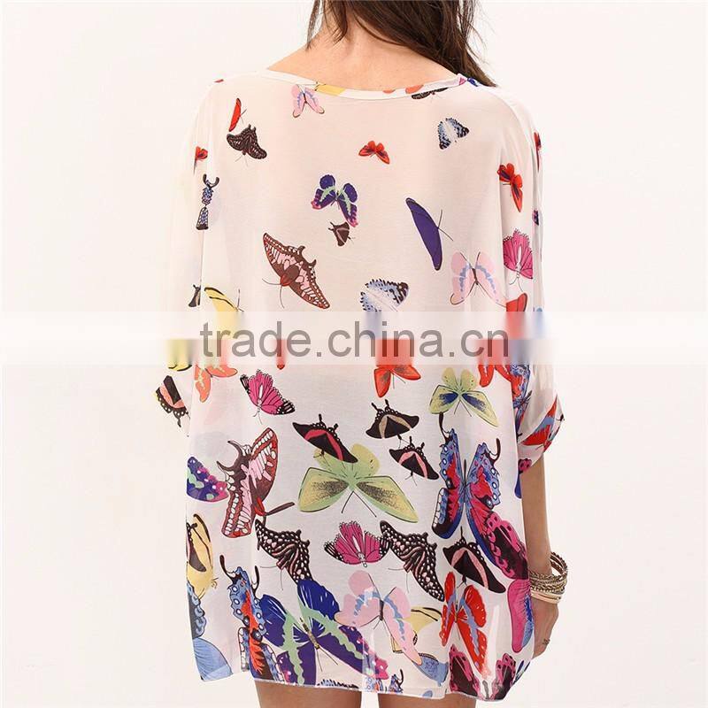 2017 ladies boho batwing sleeve chiffon butterfly neck design blouse