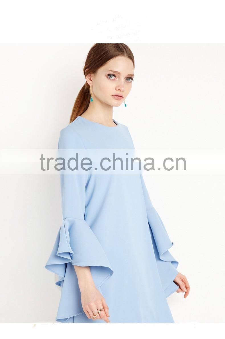 Womens fashion blue sweet OL lotus sleeve loose A-line chiffon elegant dress