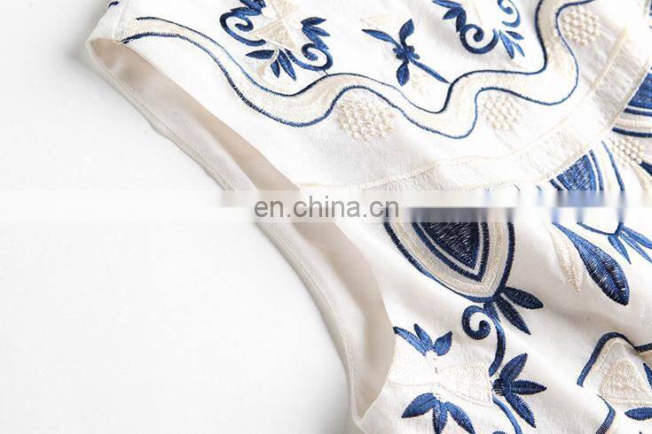 Ladies fashion summer dress 2016 sleeveless round neck embroidery dress designs