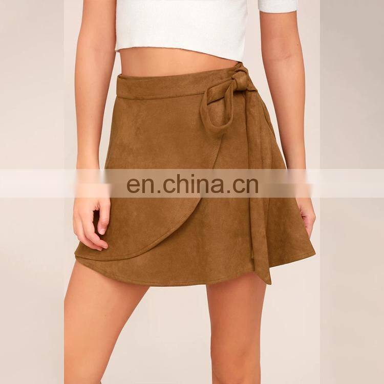 New customized wholesale promotional reversible tan suede magic wrap mini skirt