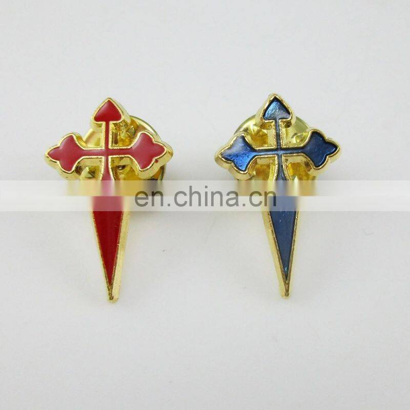 Gold Plated Red and Royal Blue Saint James Crusader Cross Brooches Lapel Pin