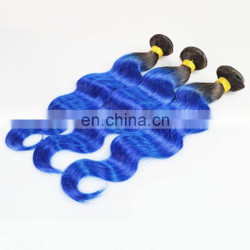 Alibaba Hot Selling Top Quality Full Cuticle Brazilian Virgin 2 Tone Color Ombre Hair Color 1B/Blue