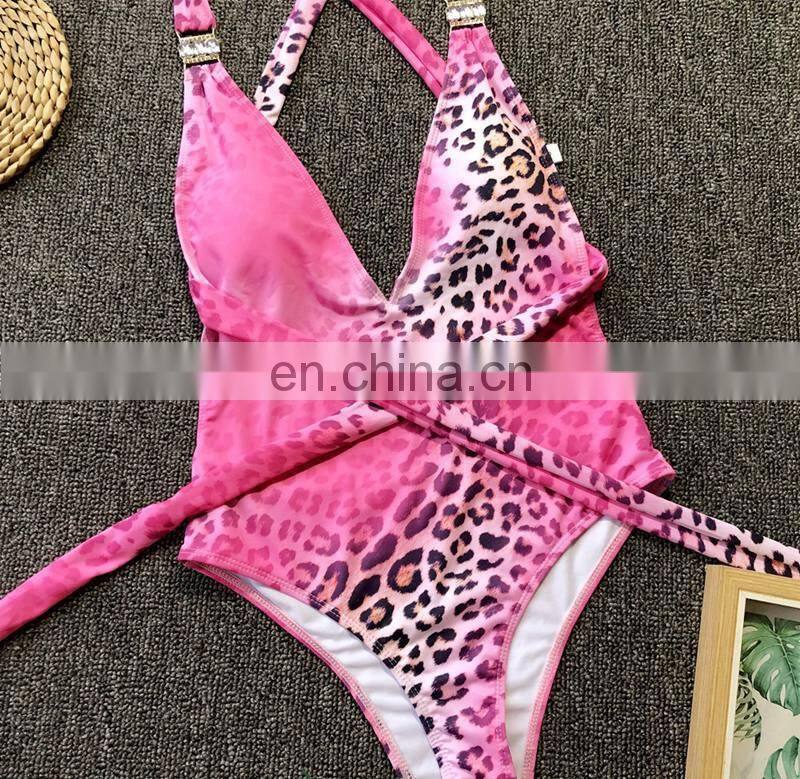 Pink Sexy Leopard Print Swimsuit One Piece Bandage Diamond Swimming Suit Women High Waist Bathing Suit Femme Monokini 2019