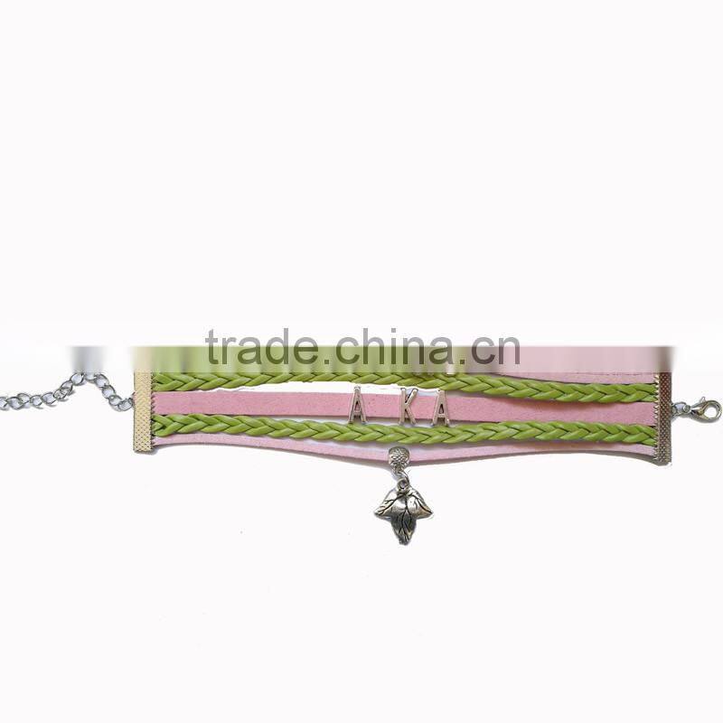 Newest AKA Wrap Bracelet Leaf Alpha Kappaa Alpha AKA Heart Pink Green Custom leather bracelet