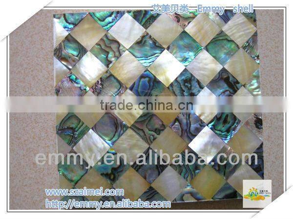 Mixed design shell mosaic tile diamond yellow and abalone mother of pearl mosaic