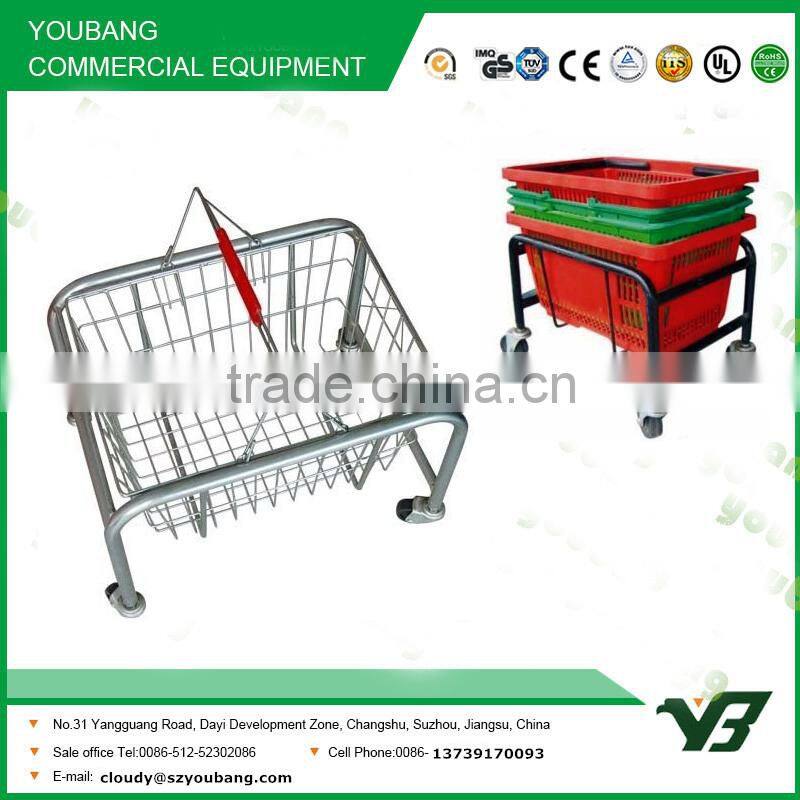 2015 hot sell black powder shopping basket holder with 4 wheels and plastic basket (YB-S001)