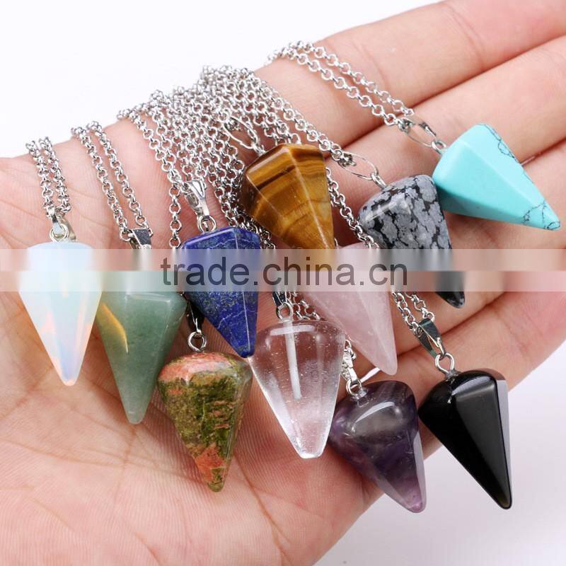 2016 Wholesale Quartz Stone Pendants Natural Crystal Point Pendant Lapis Lazuli Crystal Prism Conical Jewelry Necklace
