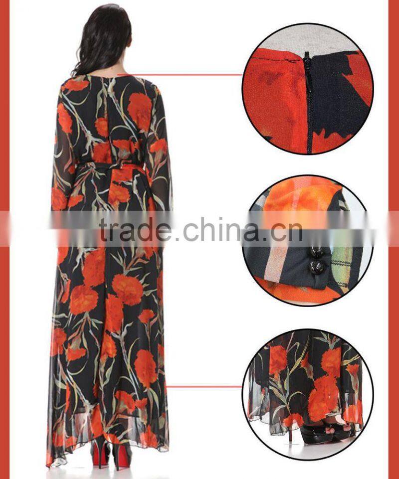2016 new spring Couture high-end big long sleeved printed chiffon dress