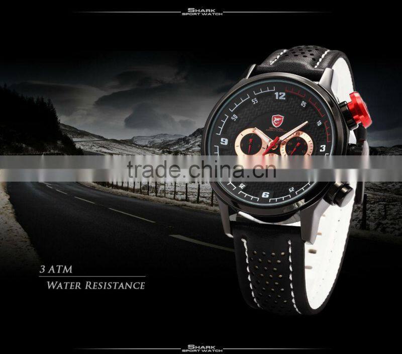Shark 6 Hands Leather Band Steel Case Mens Quartz Army Luxury Analog Sport Wacth