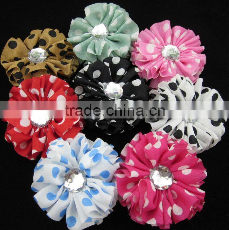 Ew Children Hair Accessories 2.4" Polka Dot Chiffon Hair Flower with Rhinestone Hair Accessories Kids Flower IN STOCK