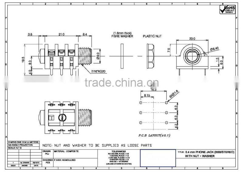 PJ-644F plastic phone jack with short PCB terminals 6.35mm jack socket