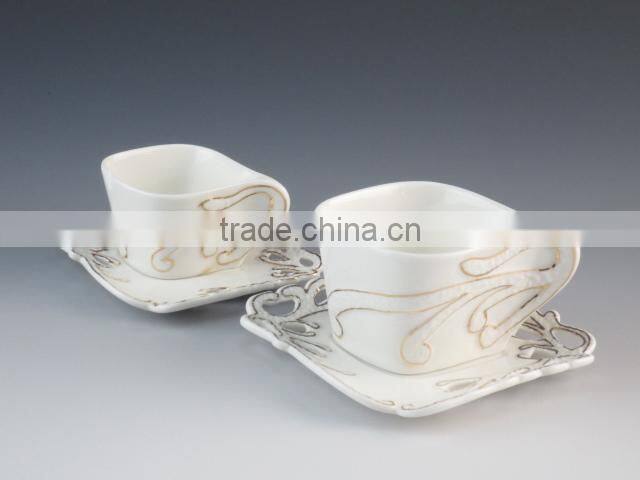 Ceramic Porcelain White V Shaped Coffee Tea Cup And Saucer, wholesale cheap porcelain cup and saucer in stock