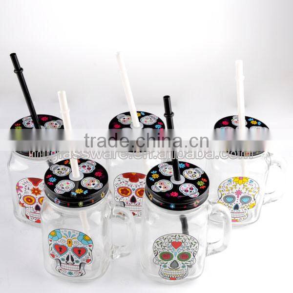 Halloween Smile Skull decal glass mason jar with handle 16oz