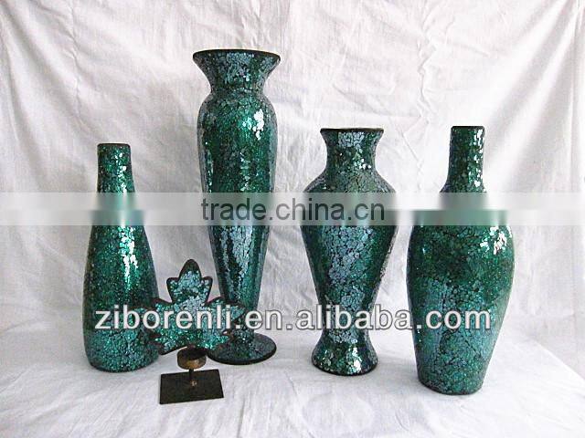 Modern Tall Turquoise Crackle Glass Antique Mosaic Design Murano Vase
