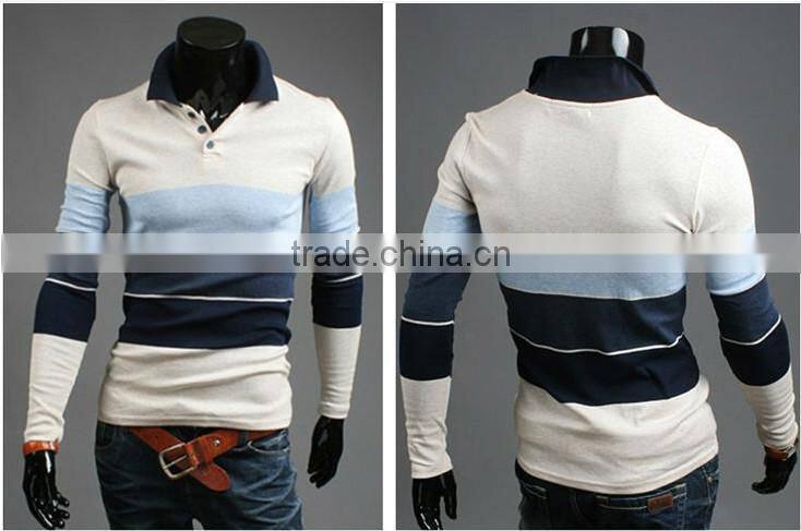 Long Sleeve Mens Stripe Polo Shirts Yarm Dyed