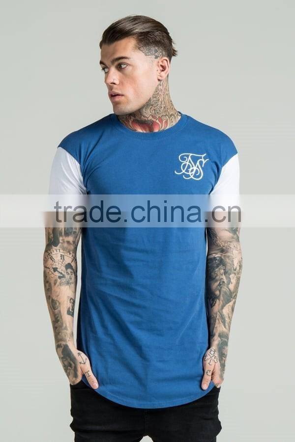 95% Cotton 5% Elastane Men's Longline T-Shirt Contrast Short Sleeve Curved Hem T Shirt Long Drop T Shirt with Round Bottom