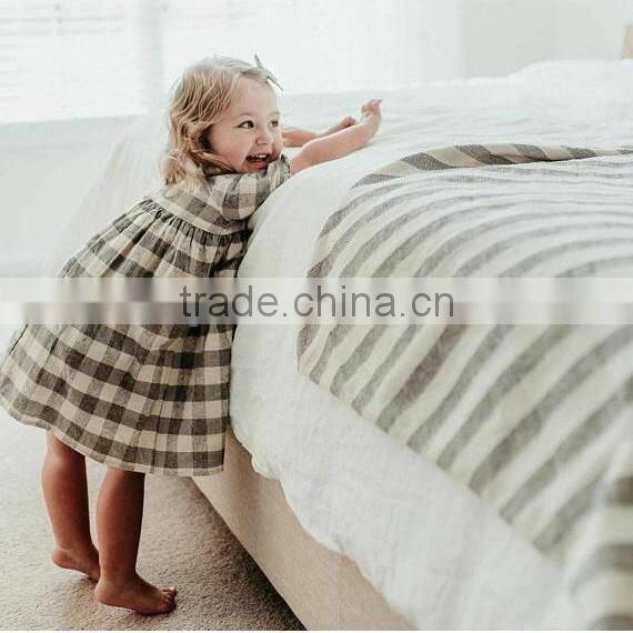 Grey/Cream Check Linen Dress Light Weight Linen Blend Summer Kids Party Dresses