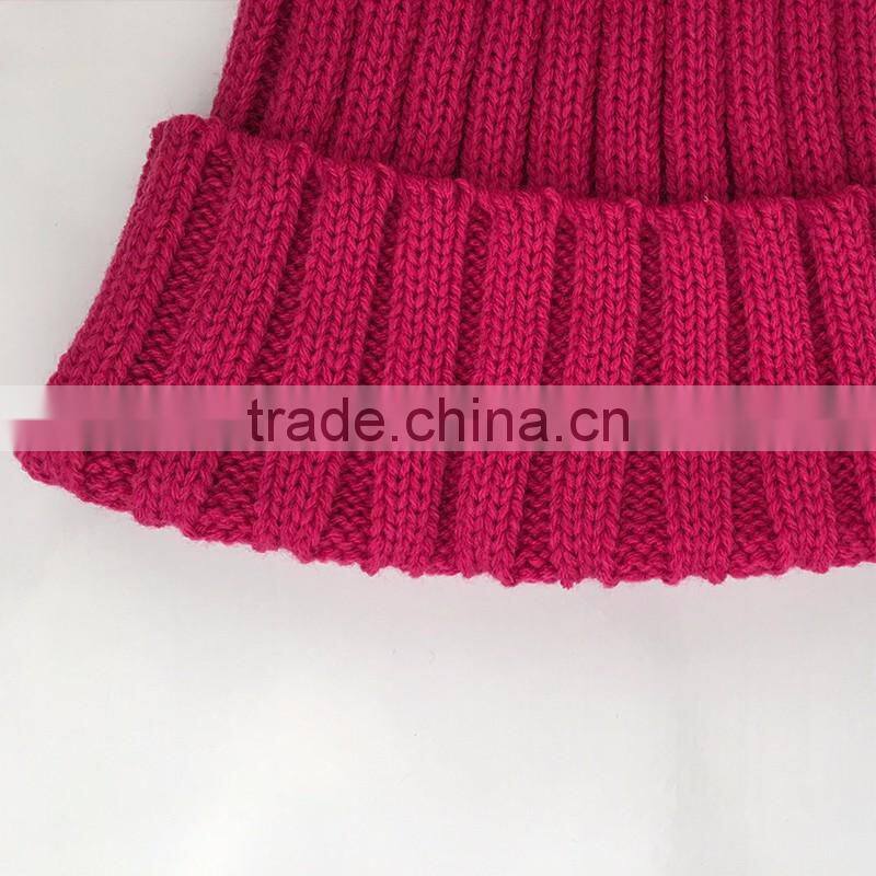 Myfur Hot Pink Rose Winter Wool Knit Hat with Fox Fur Pompom Attached
