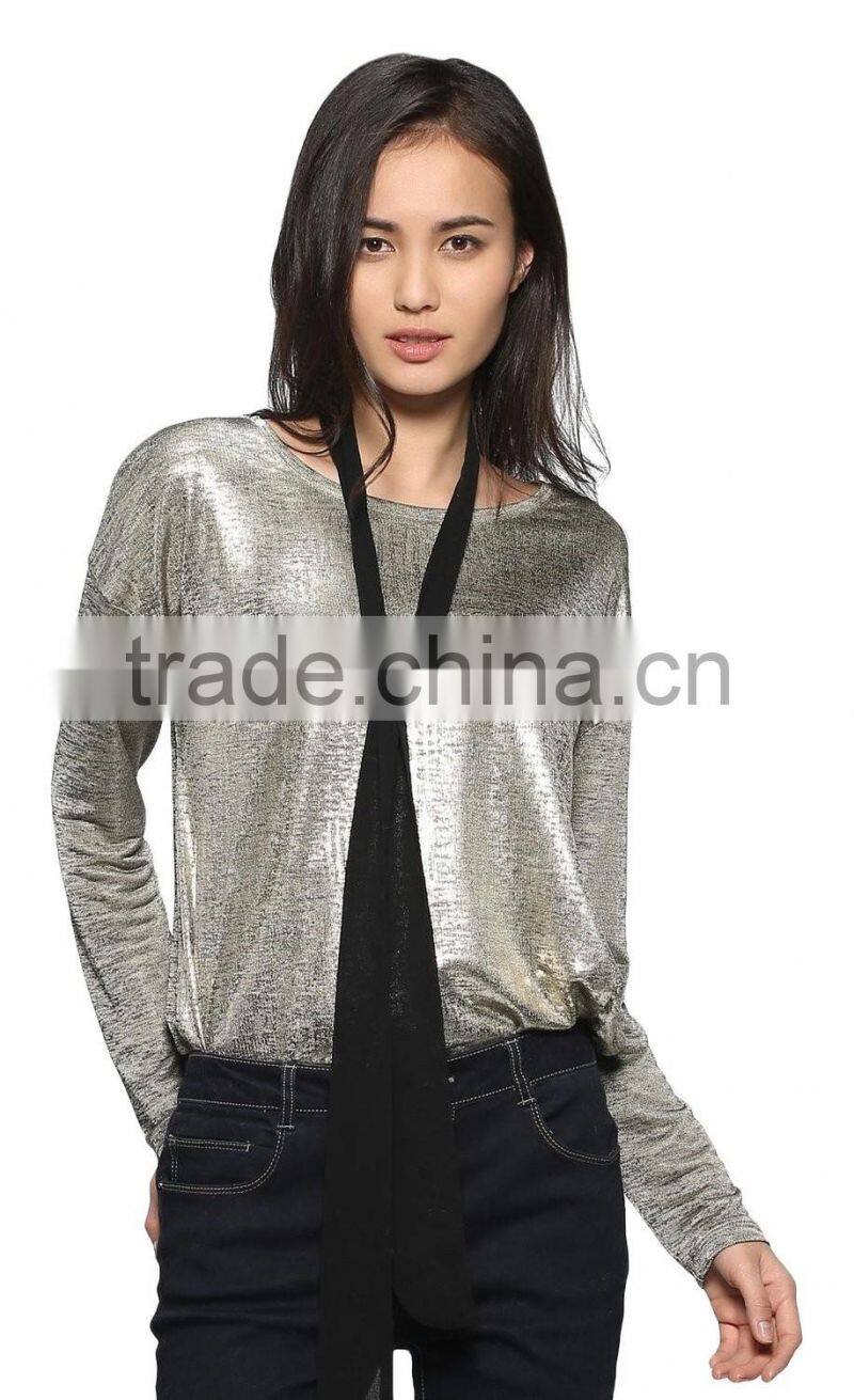 Ladies customized special fabric long sleeve short front long back Flashing soft t-shirt