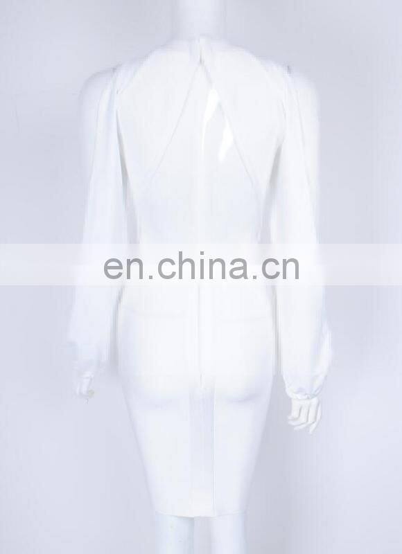 Amigo 2017 new style sexy long puff sleeve cut out bandage dress midi eyelet beaded evening dresses for women club wear