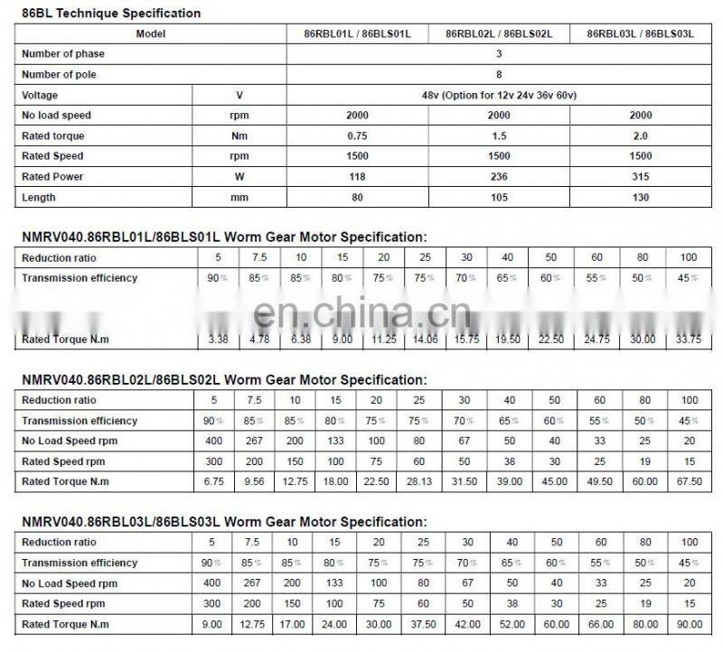 NMRV040.86BL NMRV050.86BL Series Brushless dc Worm Gear Motor with NMRV Gear reducer High Torque Large Power upto 750w