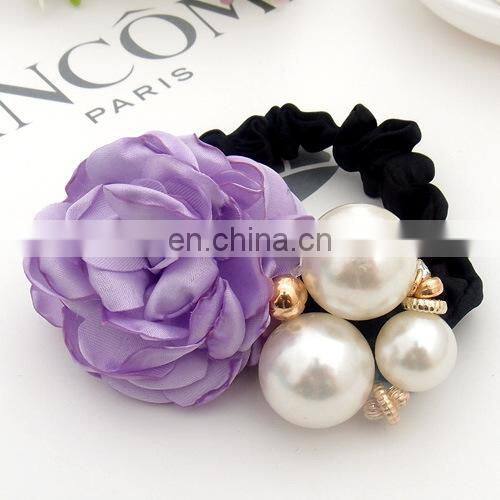 Women Fashion Style Big Rose Flower Pearl Rhinestone Hair Bands Elastic Hair Rope Ring Hair Accessories