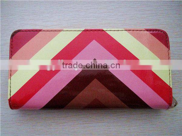 Hot sale cheap posh colorful striped shiny pu purse with decoration