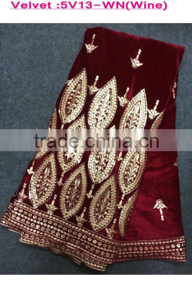 guangzhou african lace embroidery fabric Wine color Indian styles embroidery attrative fashion African velvet lace fabrics