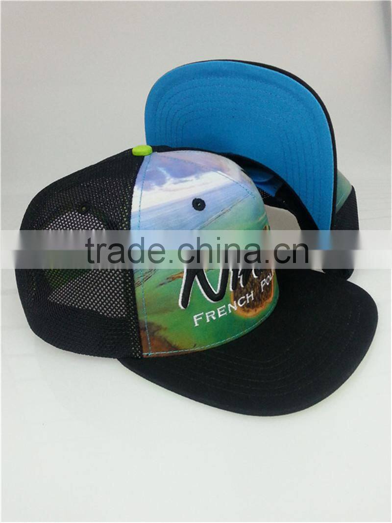 promotional sublimation printed 3d embroidery logo flat brim mesh hat