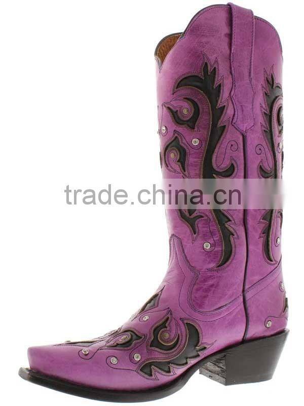 Women's New Purple Black Overlay Western Cowgirl Boots Rhinestones Studded Shaft