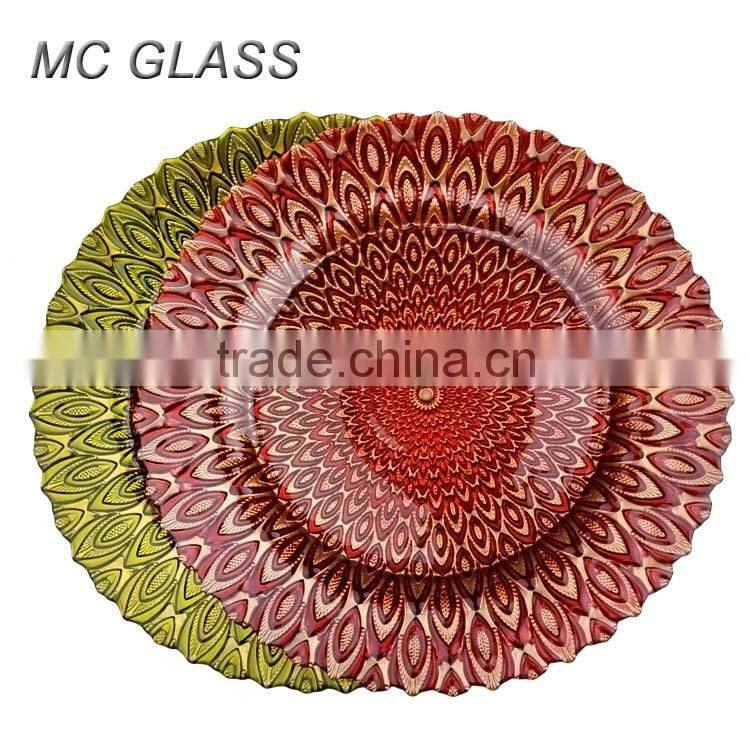 Hot New Wedding Purplish Blue Peacock Design Glass Charger Plate Wholesale