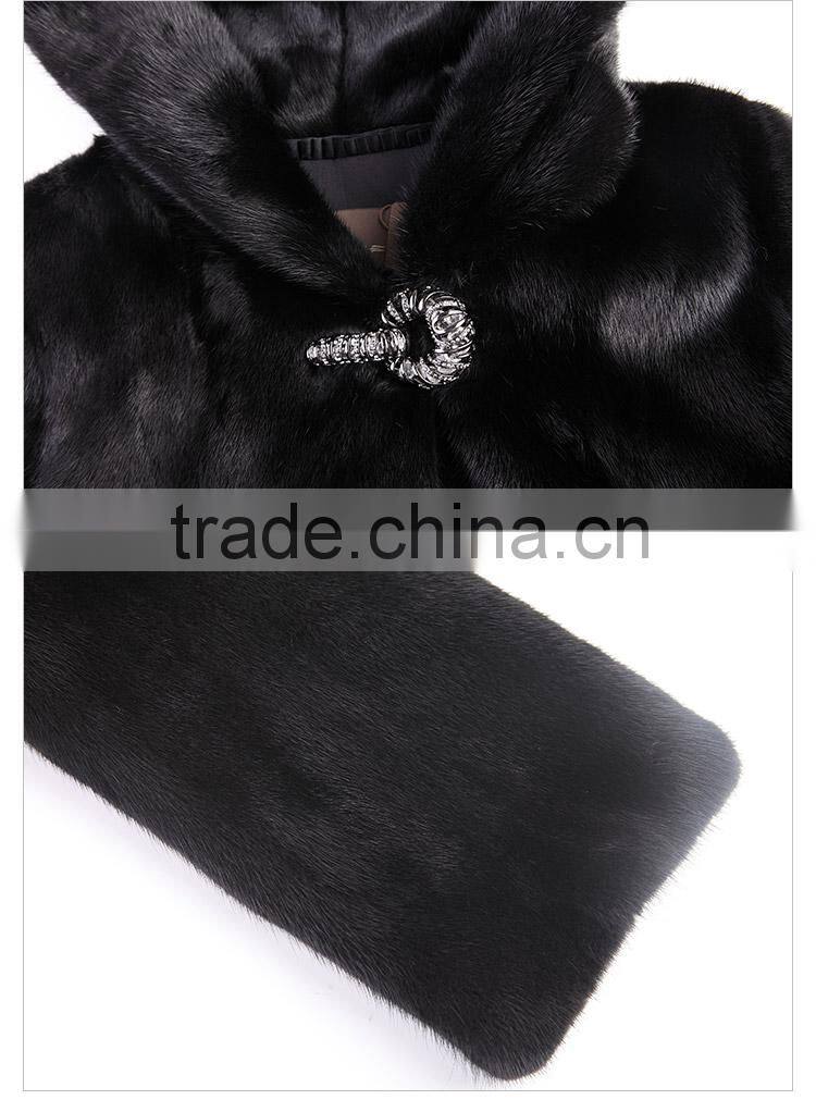 hot sale short black mink fur hooded coat for winter