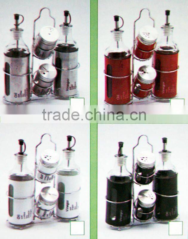 shining stainless steel coated glass cruet with metal rack