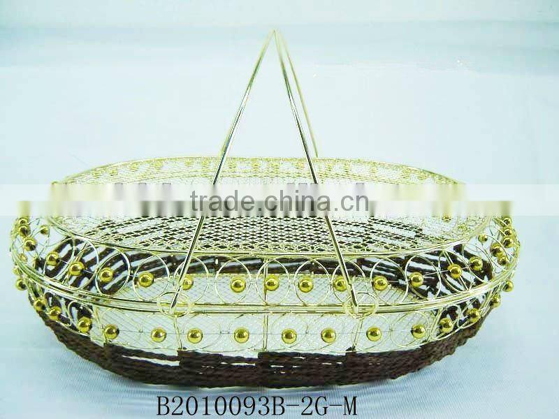Golden metal wire and paper rope rectangle fruit storage basketry